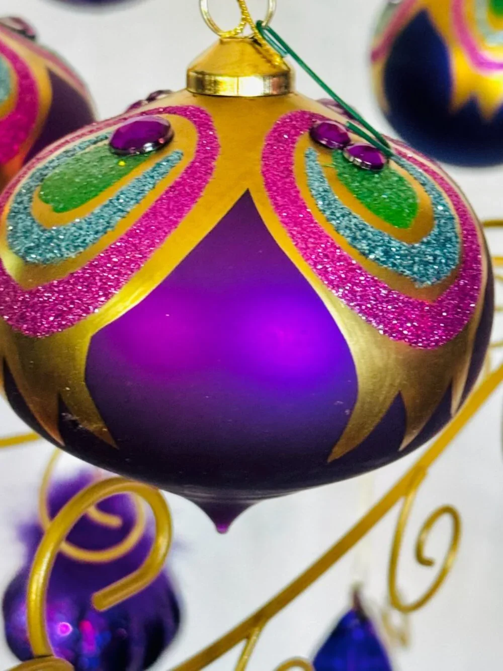 5 Peacock Feather Christmas Tree Ornaments Purple Teal Gold Glittered Gemstone